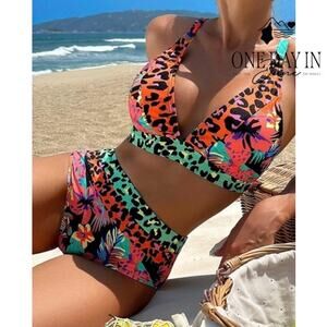 Hilinker Tropical High Waist Bikini Swimsuit Size M